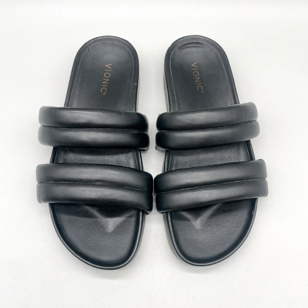 Vionic Womens 10 Mayla Slide Sandals Black Padded Leather Two Strap Orthotic